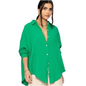 SassyClassy Muslin Shirt Women's OS Green Oversized Boho Lagenlook Made In Italy